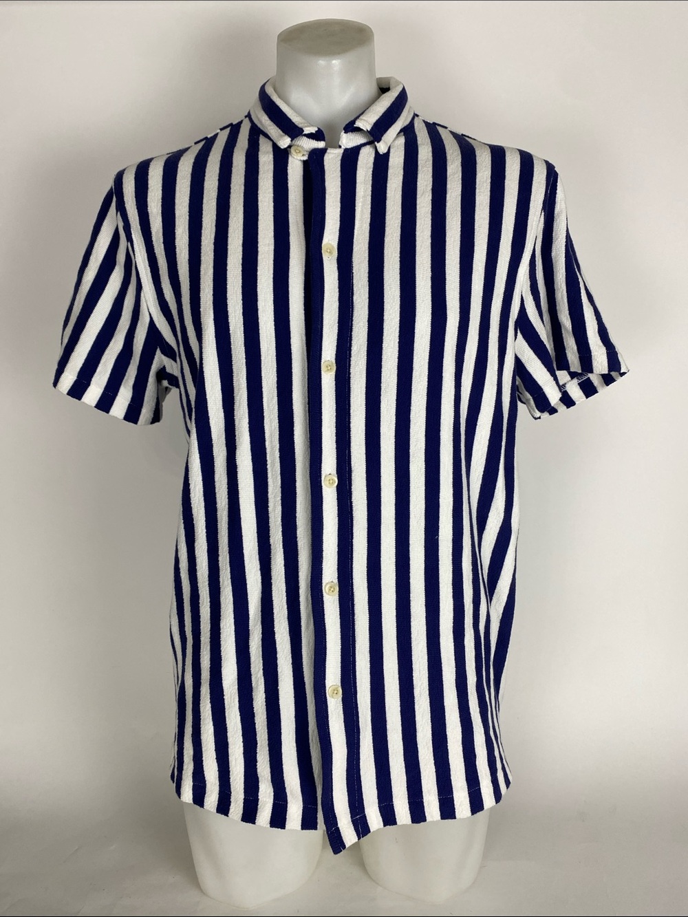 J.Crew Textured Camp Collar Sweater Tee Men L Blue White Stripe Button-Up Shirt